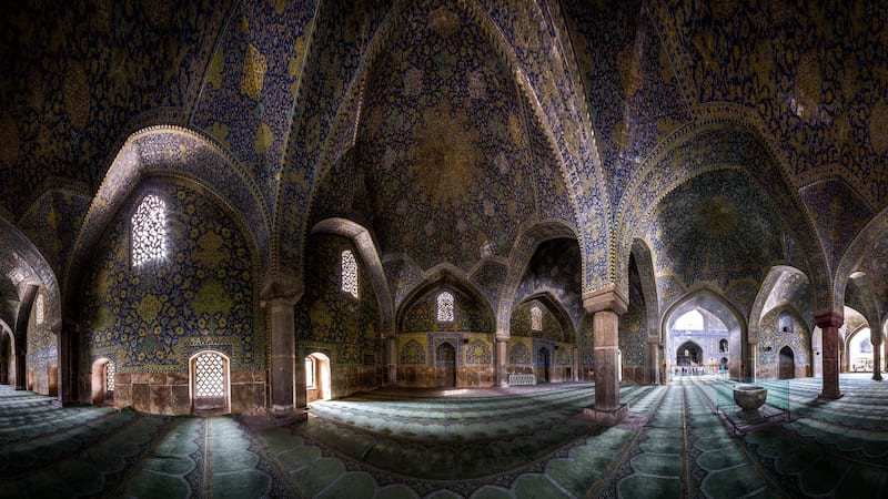 inside of imam mosque with nice archtecture in day light in isfahan